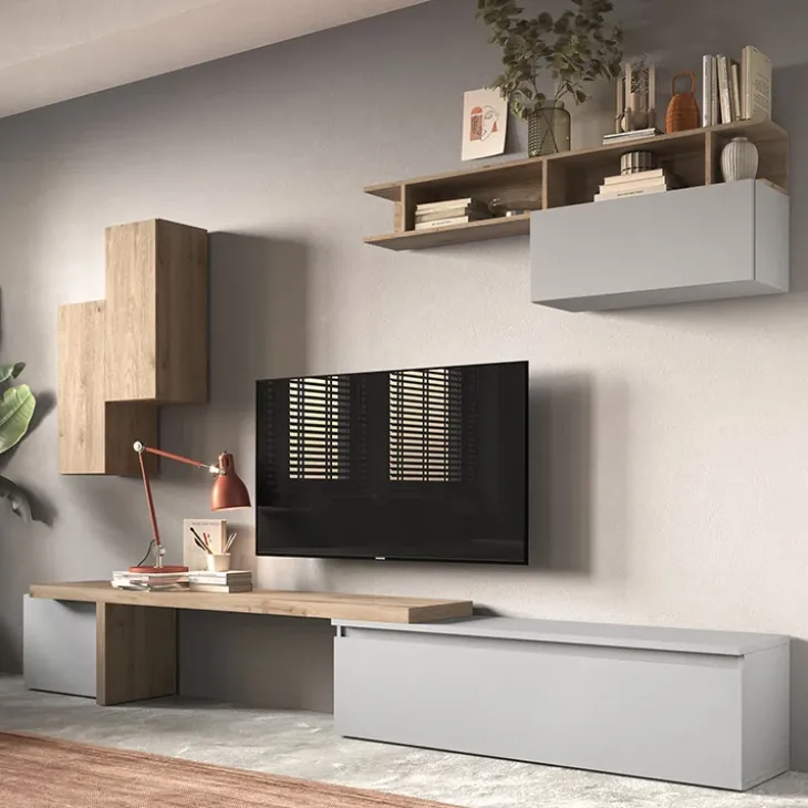 Parete attrezzata 330x200h cm moderna rovere grigio chiaro Sunset 33