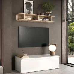 Parete attrezzata 138x170h cm moderna bianco lucido rovere chiaro Sunset 93