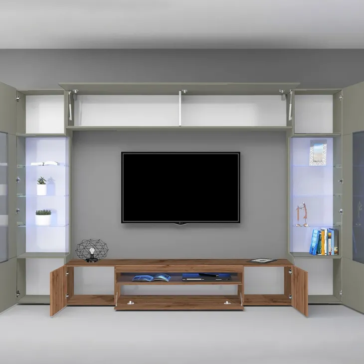 Parete attrezzata 290x190h cm moderna 2 vetrine tortora rovere Zenith 2