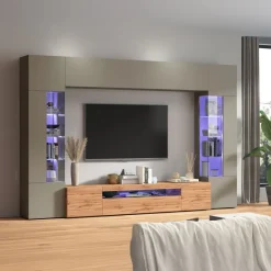 Parete attrezzata 290x190h cm moderna 2 vetrine tortora rovere Zenith 2