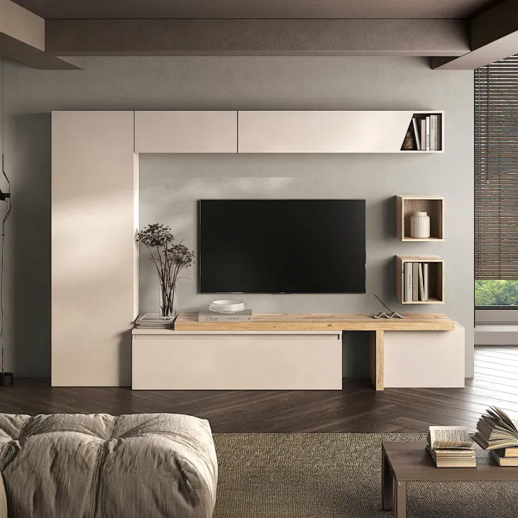 Parete attrezzata 300x186h cm moderna beige rovere chiaro Sunset 78