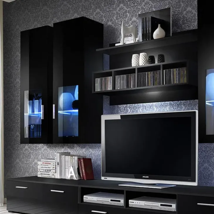 Parete attrezzata 300x190h cm moderna nero lucido Barrie Gihome®