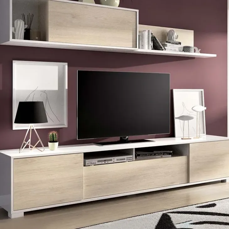 Parete attrezzata 200x140h cm moderna rovere bianco lucido Isador