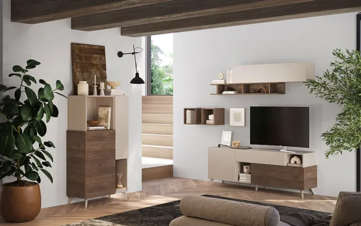 Parete attrezzata 181x205h cm moderna beige rovere scuro Witty