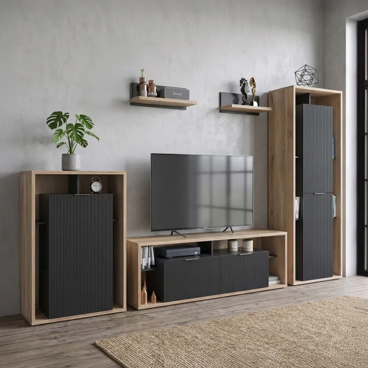 Parete attrezzata 310x201h cm moderna cannettato rovere nero Savona