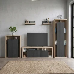 Parete attrezzata 310x201h cm moderna cannettato rovere nero Savona