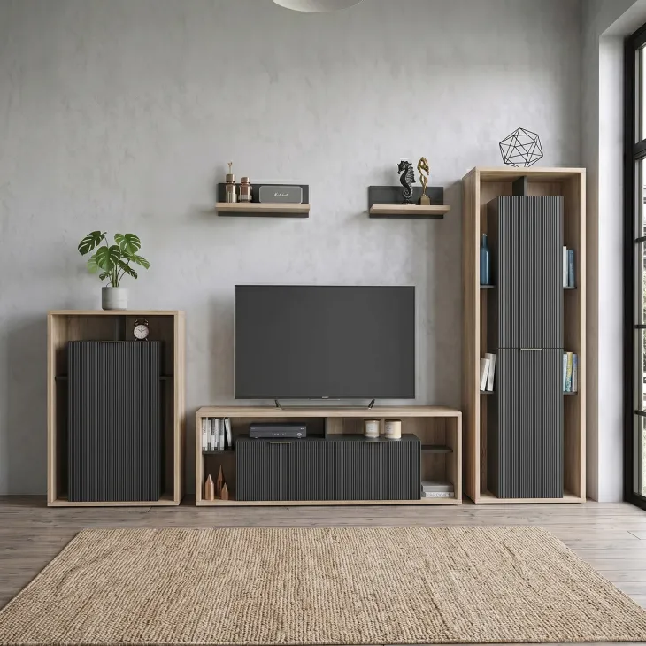Parete attrezzata 310x201h cm moderna cannettato rovere nero Savona