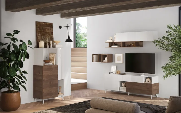 Parete attrezzata 181x205h cm moderna bianco lucido rovere scuro Witty