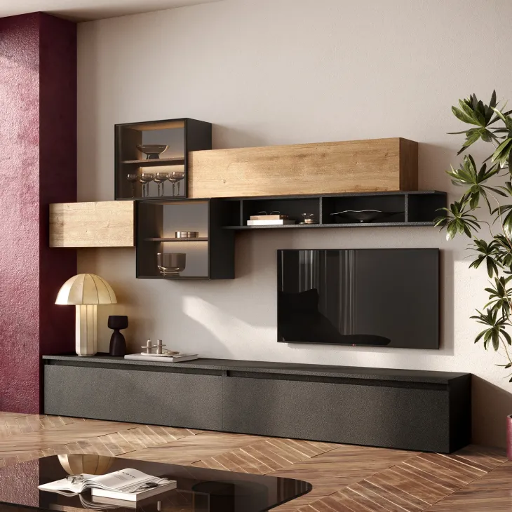 Parete attrezzata 276x200h cm ossido rovere chiaro Sunset 1027