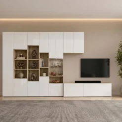Parete attrezzata 340x205h cm rovere bianco lucido con led Shanti