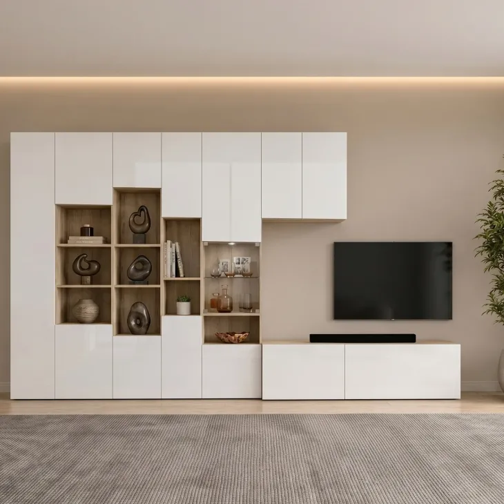 Parete attrezzata 340x205h cm rovere bianco lucido con led Shanti