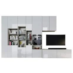 Parete attrezzata 340x205h cm rovere bianco lucido con led Shanti