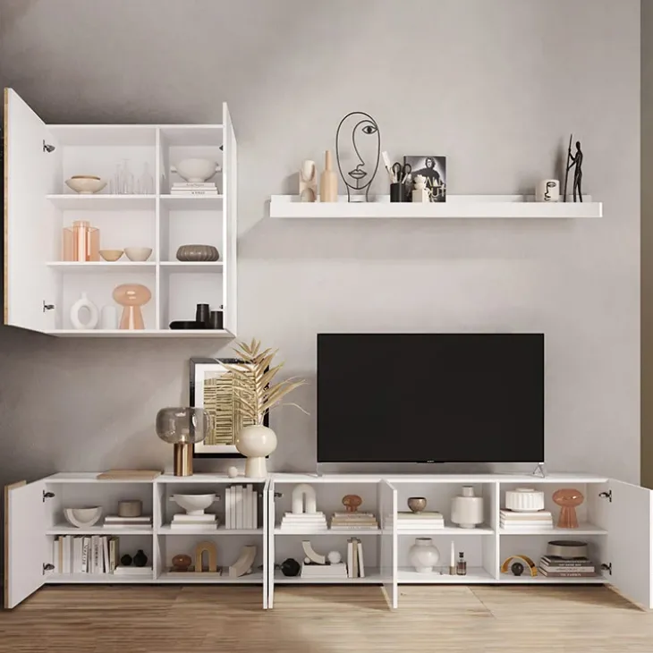 Parete attrezzata 301x220h cm soggiorno moderna bianco lucido rovere Universal