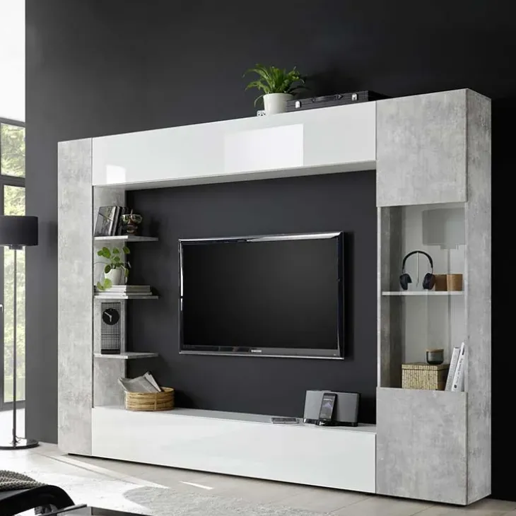 Parete attrezzata 257x187h cm soggiorno bianco lucido cemento Steppi 3