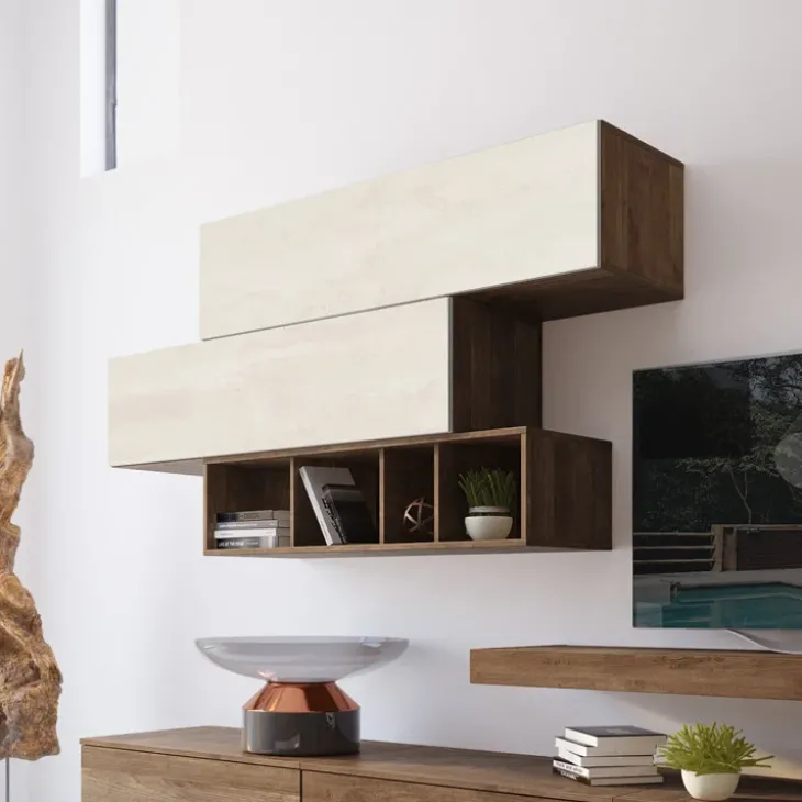 Parete attrezzata 270x183h cm soggiorno noce bianco spatolato America Gihome®