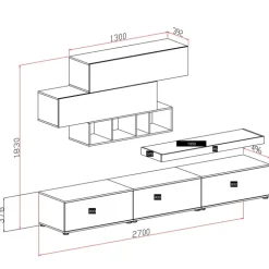 Parete attrezzata 270x183h cm soggiorno noce bianco spatolato America Gihome®