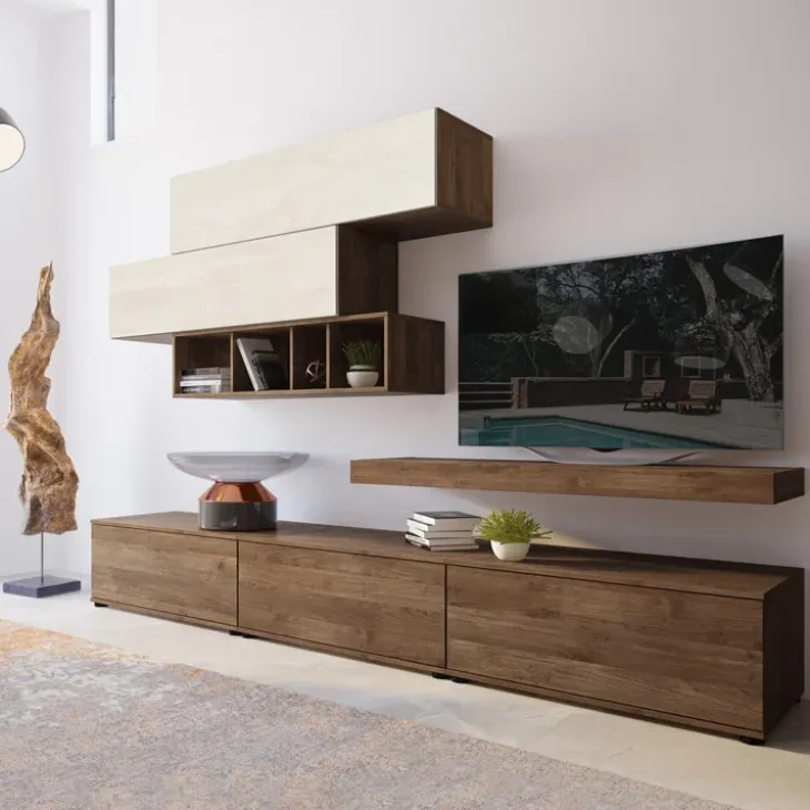 Parete attrezzata 270x183h cm soggiorno noce bianco spatolato America Gihome®