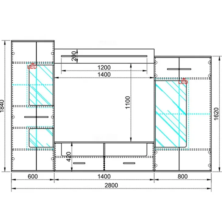 Parete attrezzata 280x185h cm soggiorno bianco lucido rovere Wall