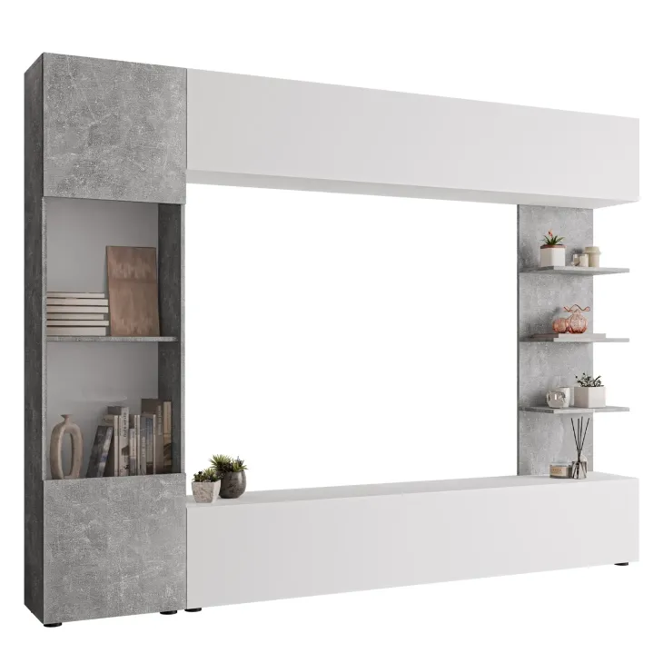 Parete attrezzata 250x187h cm soggiorno bianco effetto pietra Gracia
