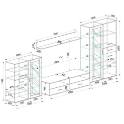 Parete attrezzata 390x201h cm soggiorno rovere grigio lucido Diran