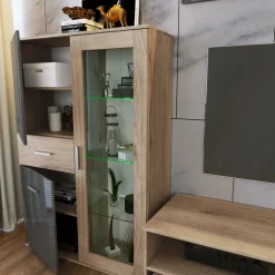 Parete attrezzata 390x201h cm soggiorno rovere grigio lucido Diran
