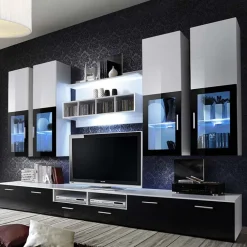 Parete attrezzata 300x190h cm soggiorno nero e bianco lucido Barrie Gihome®
