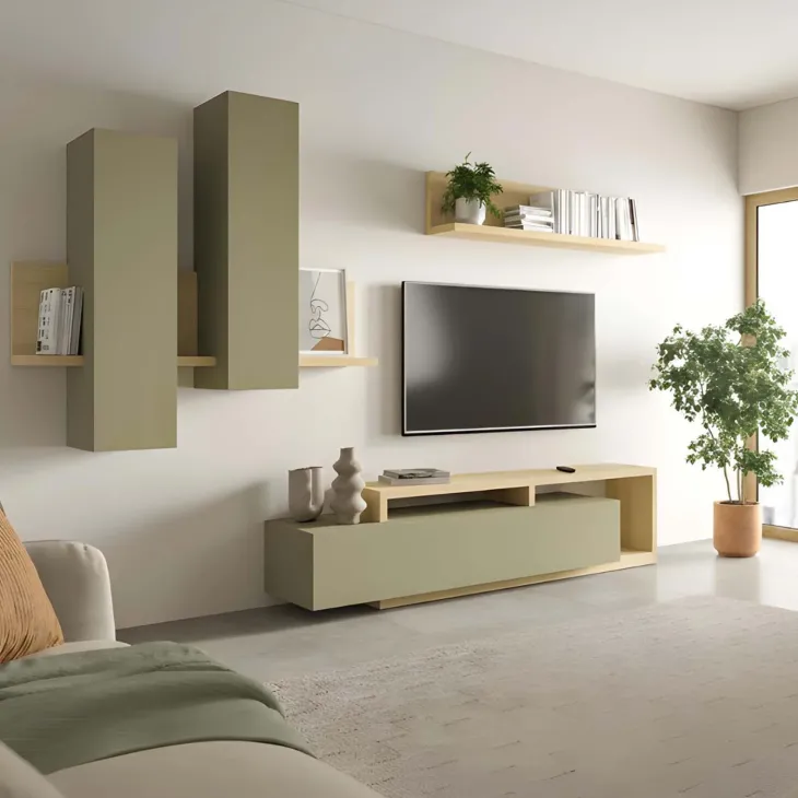 Parete attrezzata 219x205h cm soggiorno verde salvia rovere Megan Gihome®