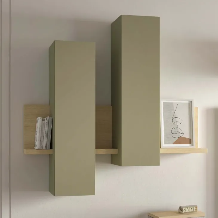 Parete attrezzata 219x205h cm soggiorno verde salvia rovere Megan Gihome®