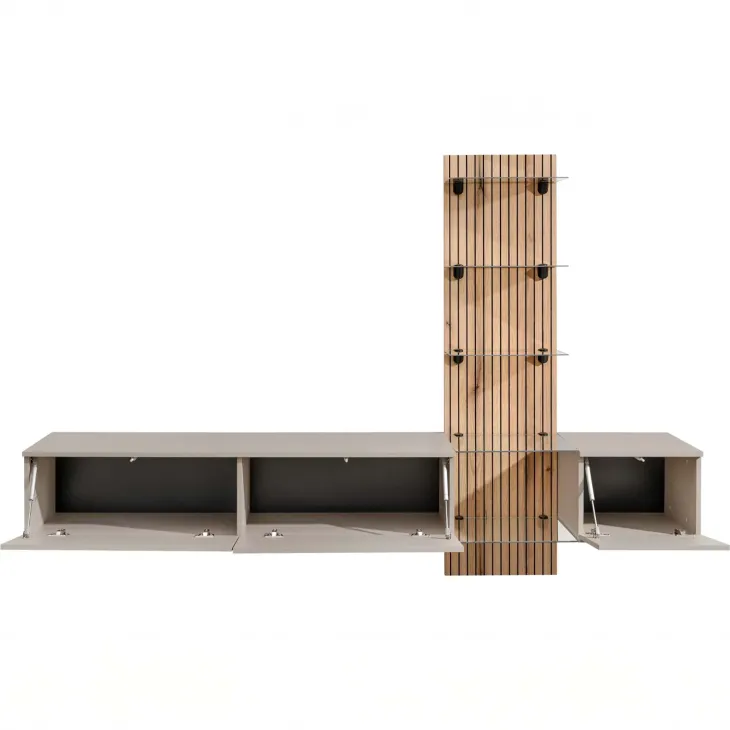 Parete attrezzata 220x160h cm sospesa beige cashmere rovere con stampa nera Halo
