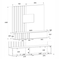 Parete attrezzata 160x148h cm sospesa cannettato wengè bianco effetto marmo Kendo