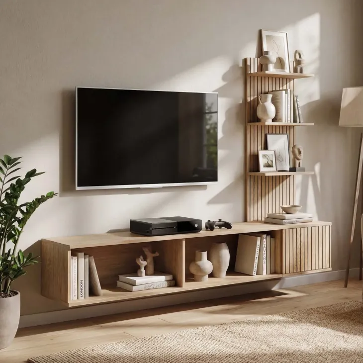 Parete attrezzata 180x130h cm sospesa rovere con stampa nera Kyoto