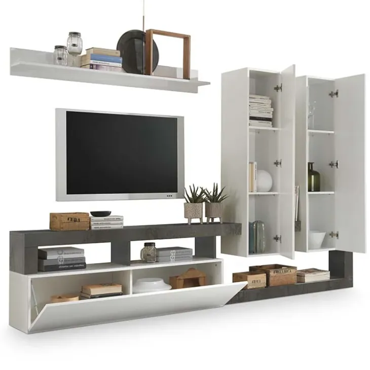 Parete attrezzata 277x200h moderna cm bianco lucido ossido Invictus
