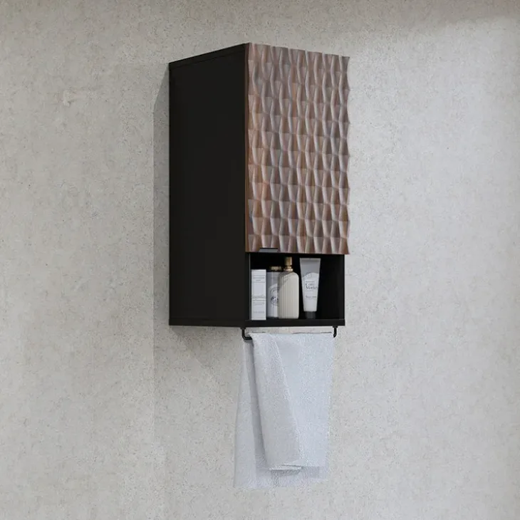 Pensile bagno sospeso 34x81h cm 1 anta 1 vano a giorno nero anta decorata noce Silvy