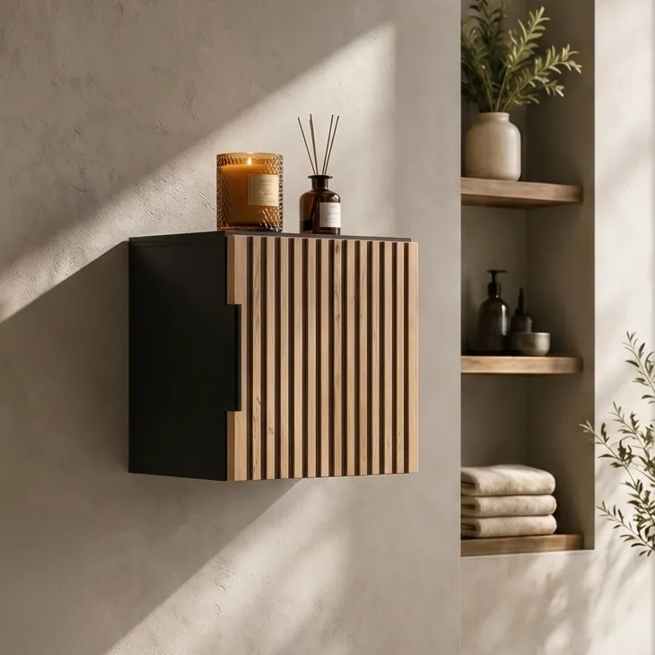 Pensile bagno sospeso 35x35h cm cannettato 1 anta quercia antracite Limpid
