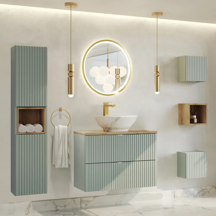 Pensile cubo bagno sospeso 30x30h cm cannettato 1 anta verde salvia Greeny