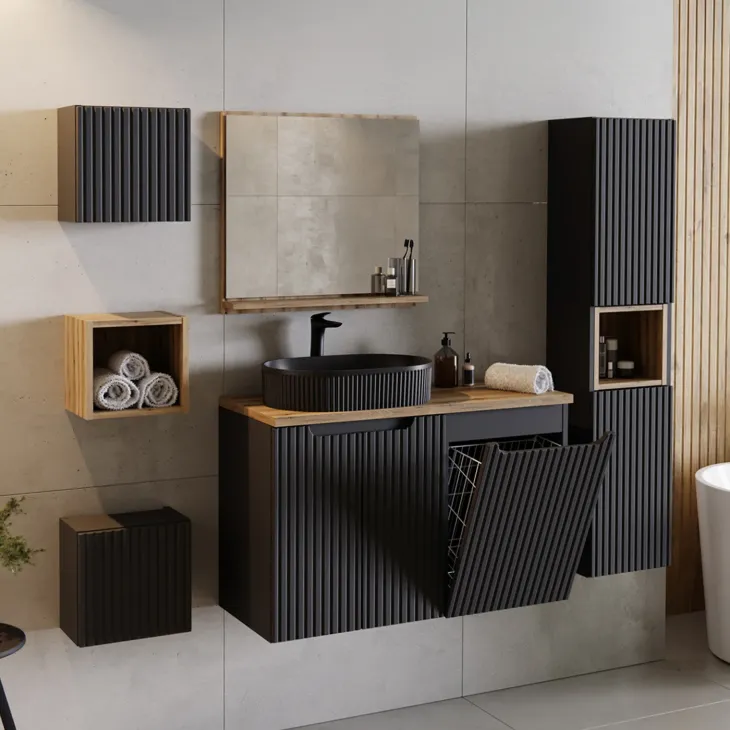 Pensile cubo bagno sospeso 30x30h cm cannettato 1 anta nero Cleany