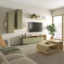 Pensile 152x142h cm per parete attrezzata con mensola verde salvia rovere Megan Gihome®