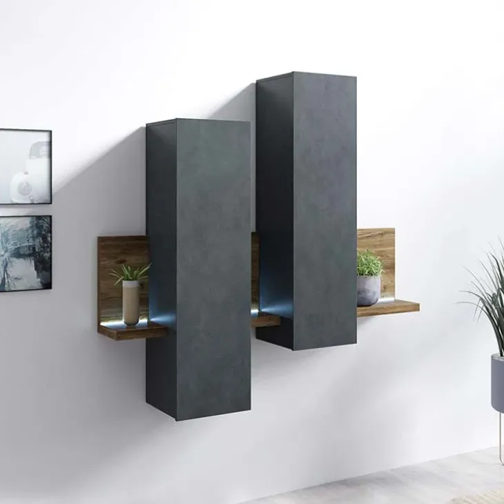 Pensile 152x142h cm per parete attrezzata con mensola antracite spatolato noce Megan Gihome®
