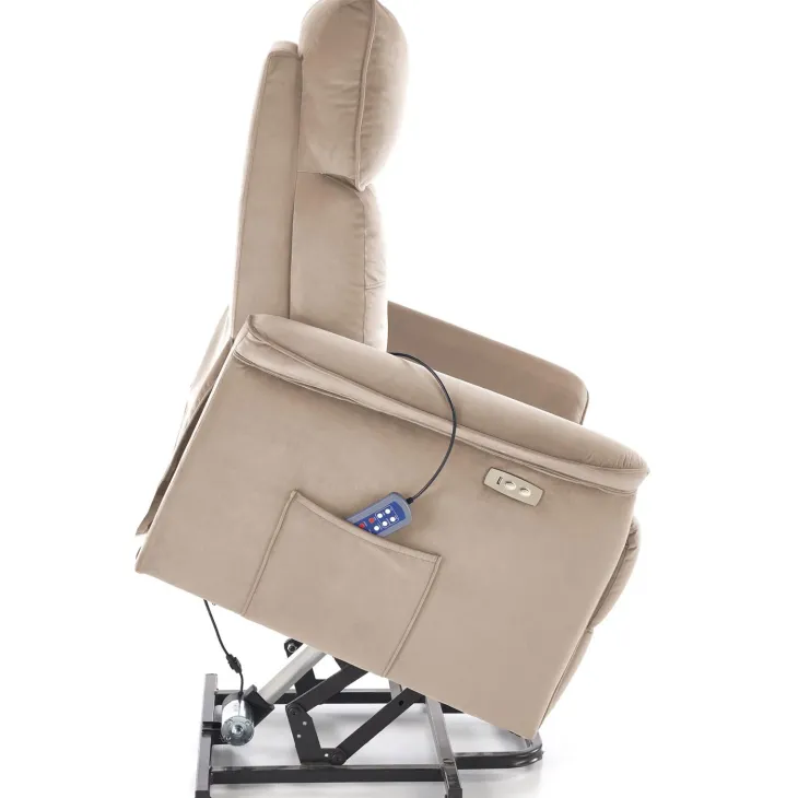 Poltrona alzapersona reclinabile elettrica massaggiante con USB in velluto beige Nyx