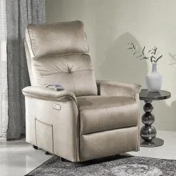 Poltrona alzapersona reclinabile elettrica massaggiante con USB in velluto beige Nyx