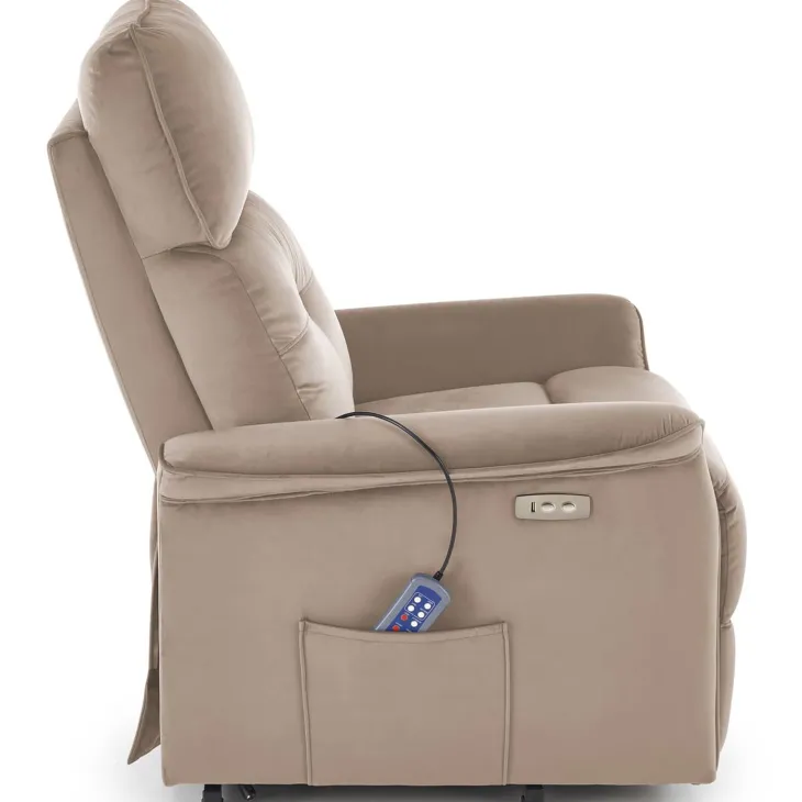 Poltrona alzapersona reclinabile elettrica massaggiante con USB in velluto beige Nyx