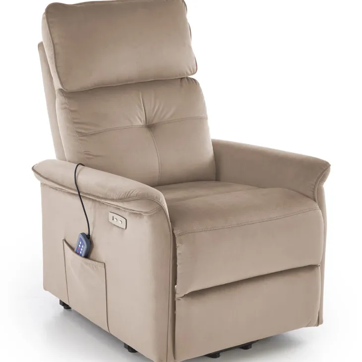 Poltrona alzapersona reclinabile elettrica massaggiante con USB in velluto beige Nyx