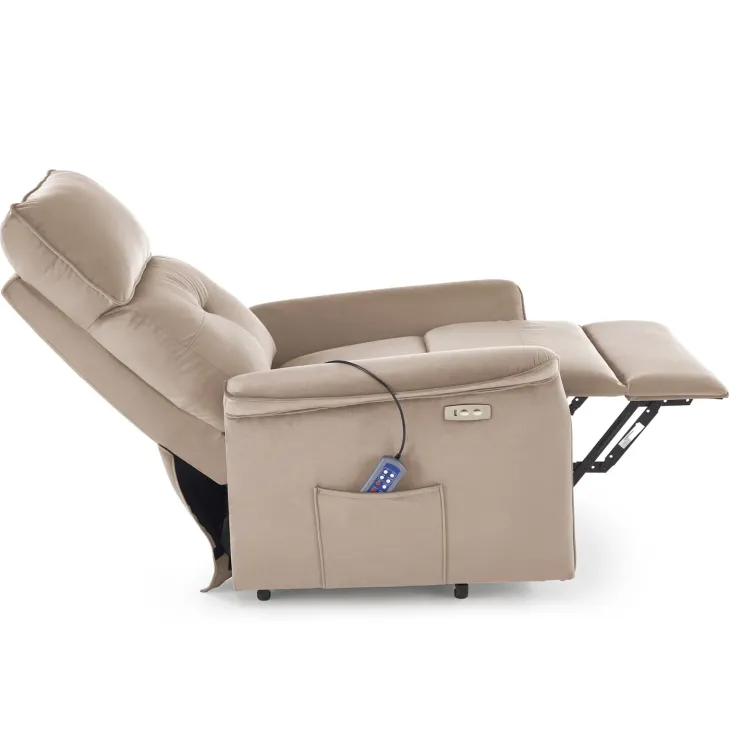 Poltrona alzapersona reclinabile elettrica massaggiante con USB in velluto beige Nyx