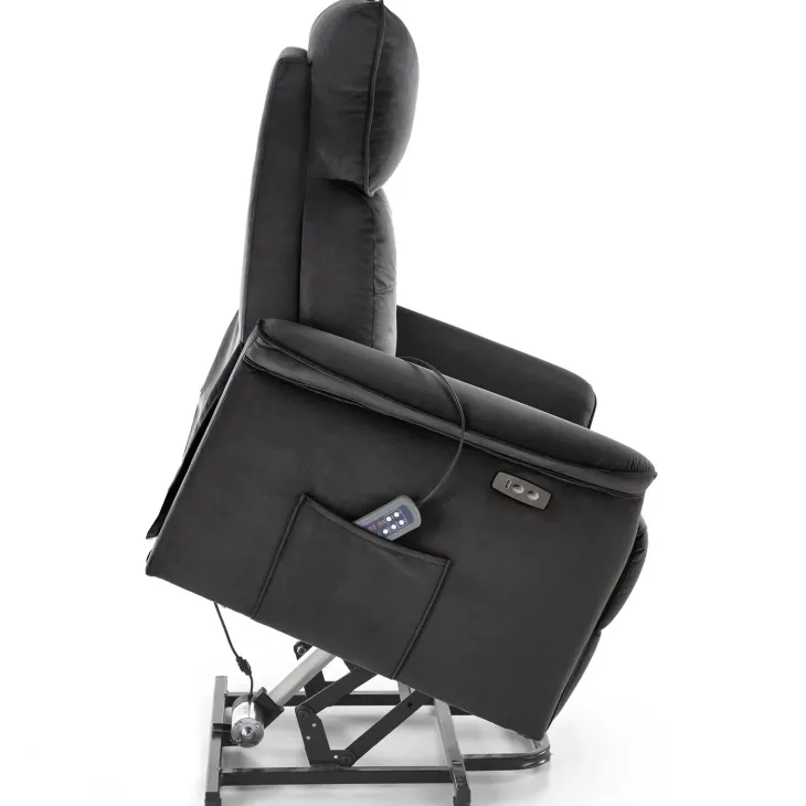 Poltrona alzapersona reclinabile elettrica massaggiante con USB in velluto nero Nyx