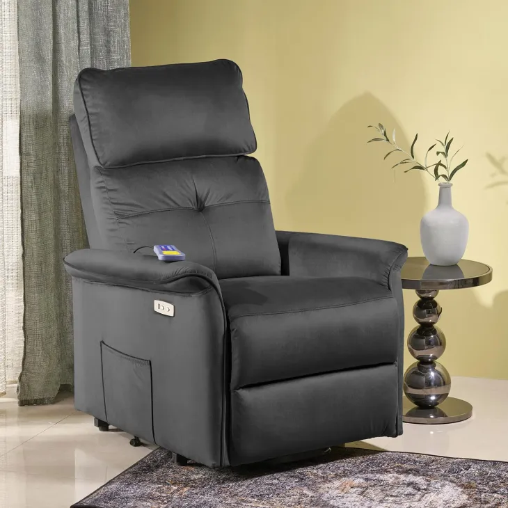 Poltrona alzapersona reclinabile elettrica massaggiante con USB in velluto nero Nyx
