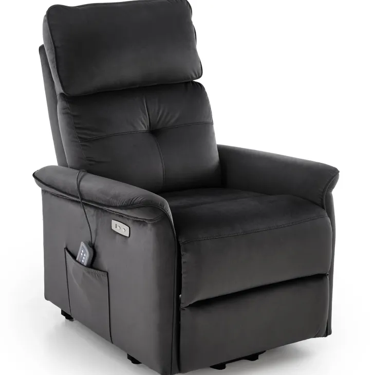 Poltrona alzapersona reclinabile elettrica massaggiante con USB in velluto nero Nyx