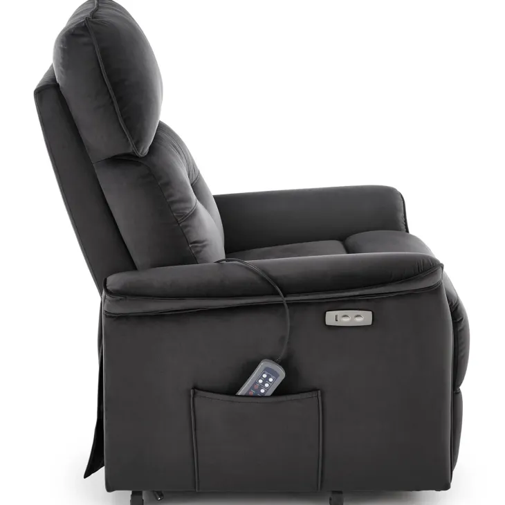 Poltrona alzapersona reclinabile elettrica massaggiante con USB in velluto nero Nyx