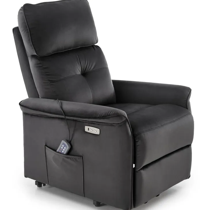 Poltrona alzapersona reclinabile elettrica massaggiante con USB in velluto nero Nyx
