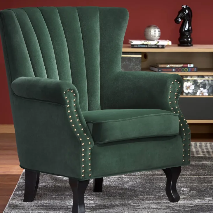 Poltrona classica relax imbottita in velluto verde scuro Mazia