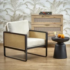 Poltrona design soggiorno in rattan naturale beige nero Niceto
